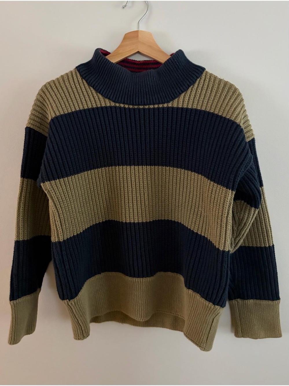 Esprit 100% Cotton Ribbed Turtleneck Sweater in Olive and Navy Stripes